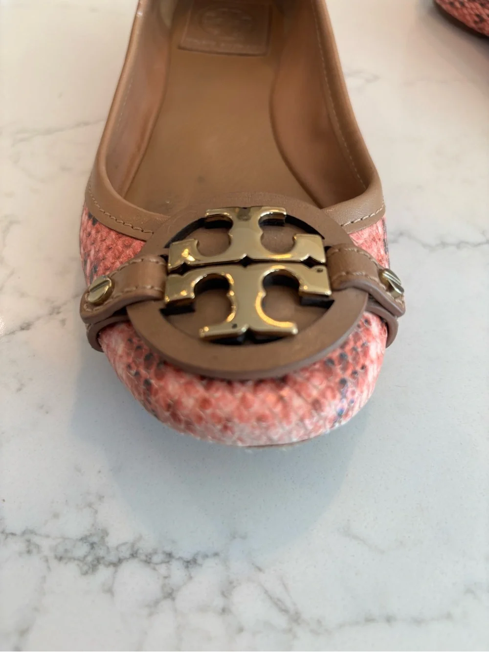 Tory Burch Pink Snakeskin-Print Leather Logo Ballet Flats with Tan Trim CT